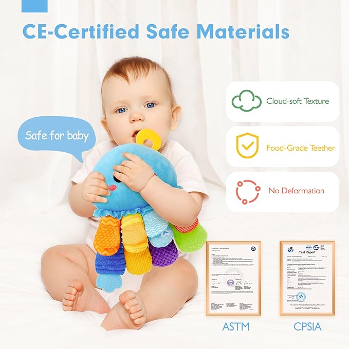 8-in-1 Tummy Time Sensory Toy – Octopus Plush Baby Rattle, Mirror & Teether Montessori Toy 0–12 Months Buy Now