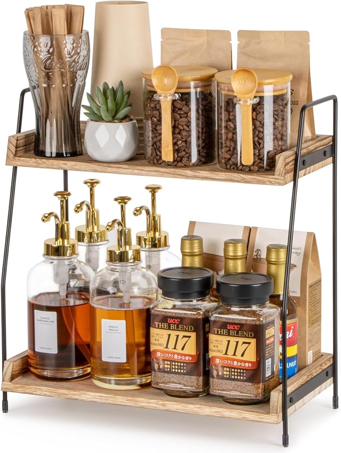 Coffee Station Organizer – 2-Tier Wooden Countertop Storage