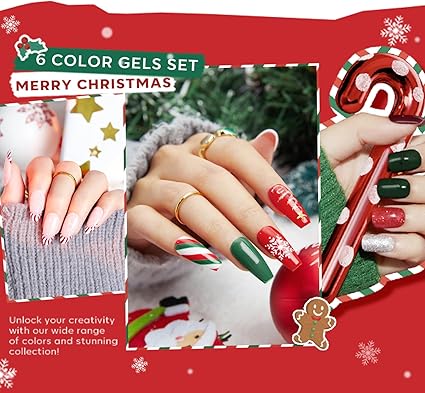 Modelones Christmas Gel Nail Polish Set – 6 Colors Glitter Red Green Silver Gold Soak Off Gel Polish Kit Buy Now