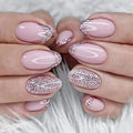 Pink Glitter French Press-On Nails – 24Pcs Short Almond Acrylic Fake Nails with Glue Buy Now