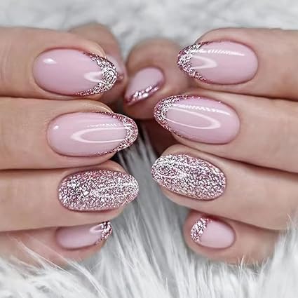 Pink Glitter French Press-On Nails – 24Pcs Short Almond Acrylic Fake Nails with Glue Buy Now