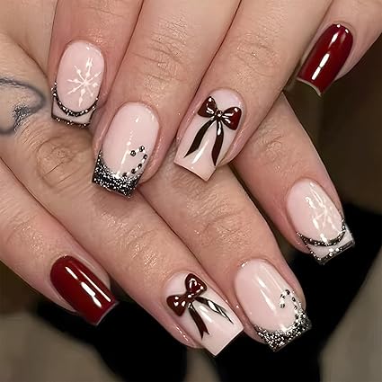 Christmas Stick On Nails Burgundy Red – 24PCS Short Square Press On Nails with Bow & Snowflake Glitter Fake Nails with Glue Buy Now