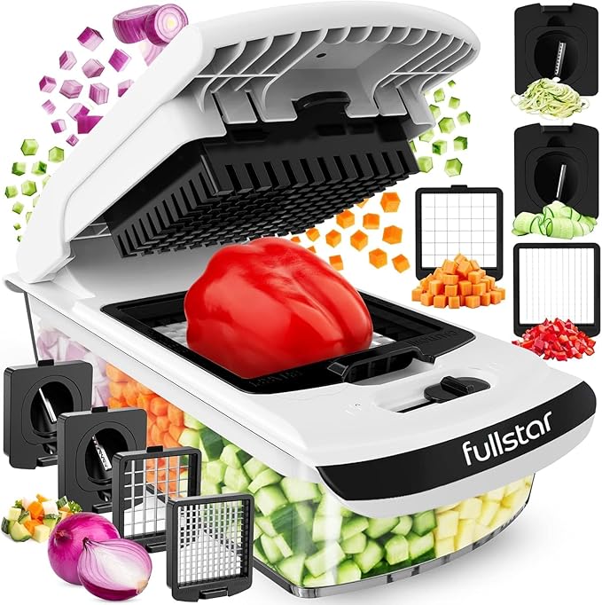 Fullstar 4-in-1 Vegetable Chopper & Dicer – Manual Veggie Cutter with Interchangeable Stainless Steel Blades, Onion, Potato & Salad Chopper, White – Kitchen Gadget Buy Now