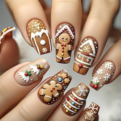 Christmas Press On Nails Gingerbread Design – Holiday Acrylic Stick On Fake Nails with Snowflake & Snowhouse for Women Buy Now