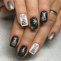 Black Christmas Press On Nails Gothic French Tip – 24PCS Medium Square Glitter Stick On Fake Nails with Snowflakes & Christmas Tree Buy Now